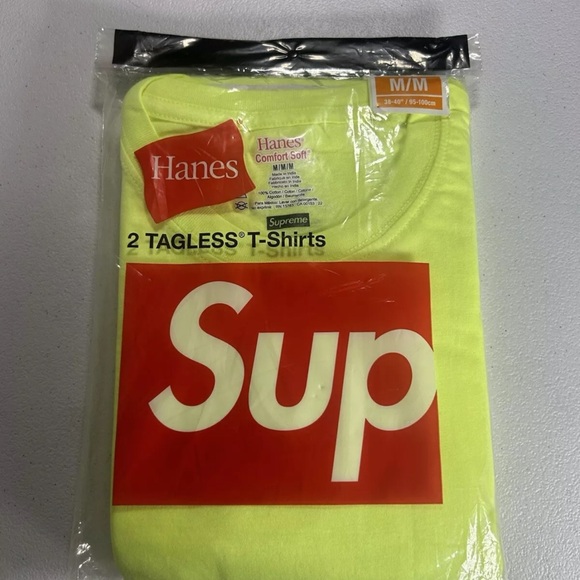 SUPREME x HANES- 2 Pack Yellow Tagless T-Shirts, Size Medium - Picture 3 of 6